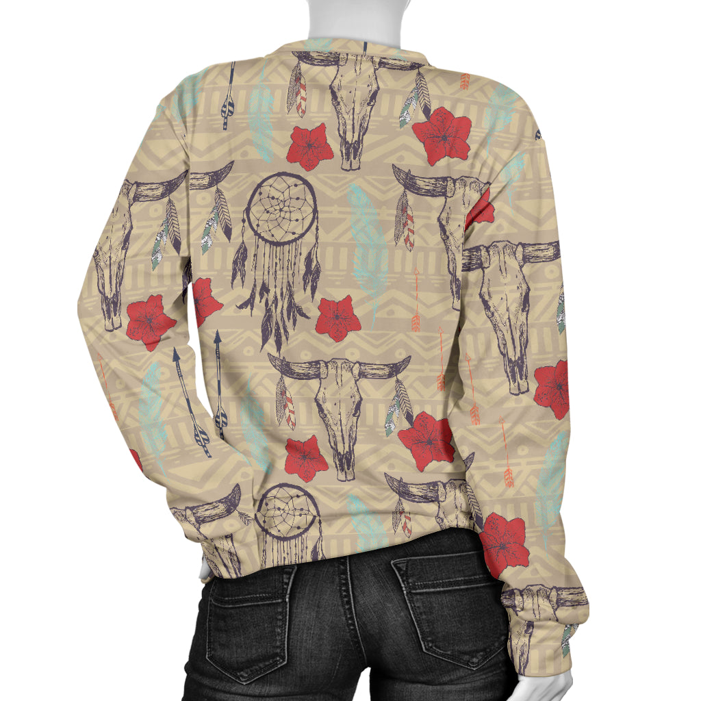 Native Buffalo Head Themed Design Print Women Long Sleeve Sweatshirt