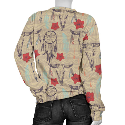 Native Buffalo Head Themed Design Print Women Long Sleeve Sweatshirt