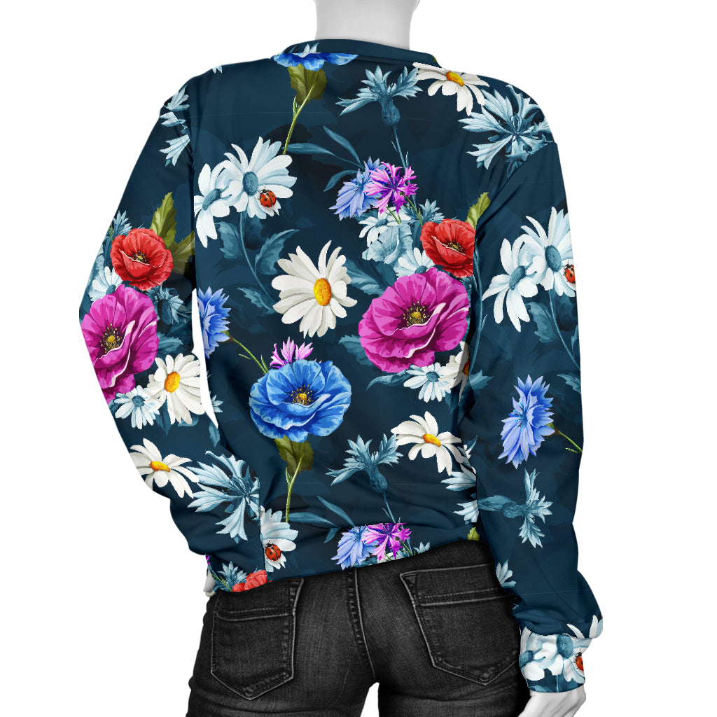 Floral Blue Themed Print Women Long Sleeve Sweatshirt