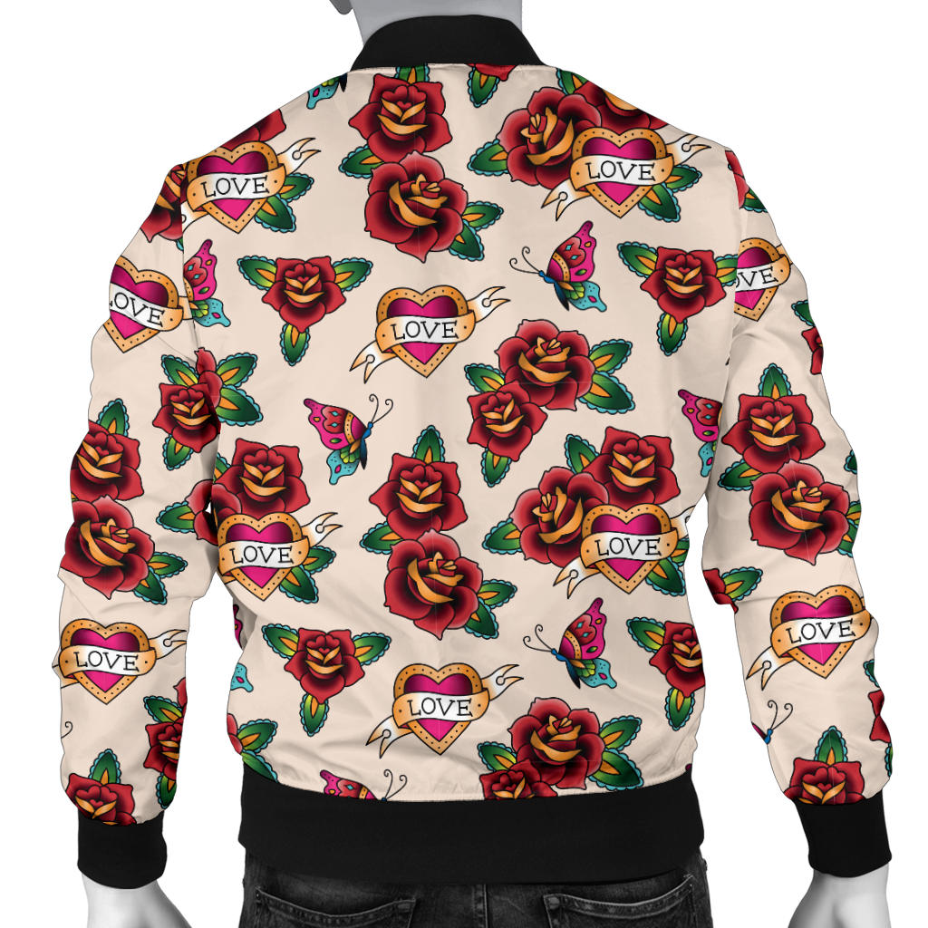 Old School Tattoo Rose Pattern Men Bomber Jacket