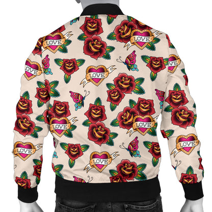 Old School Tattoo Rose Pattern Men Bomber Jacket