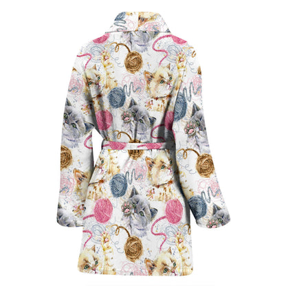 Cat Playing Yarn Pattern Print Design 07 Women Bathrobe