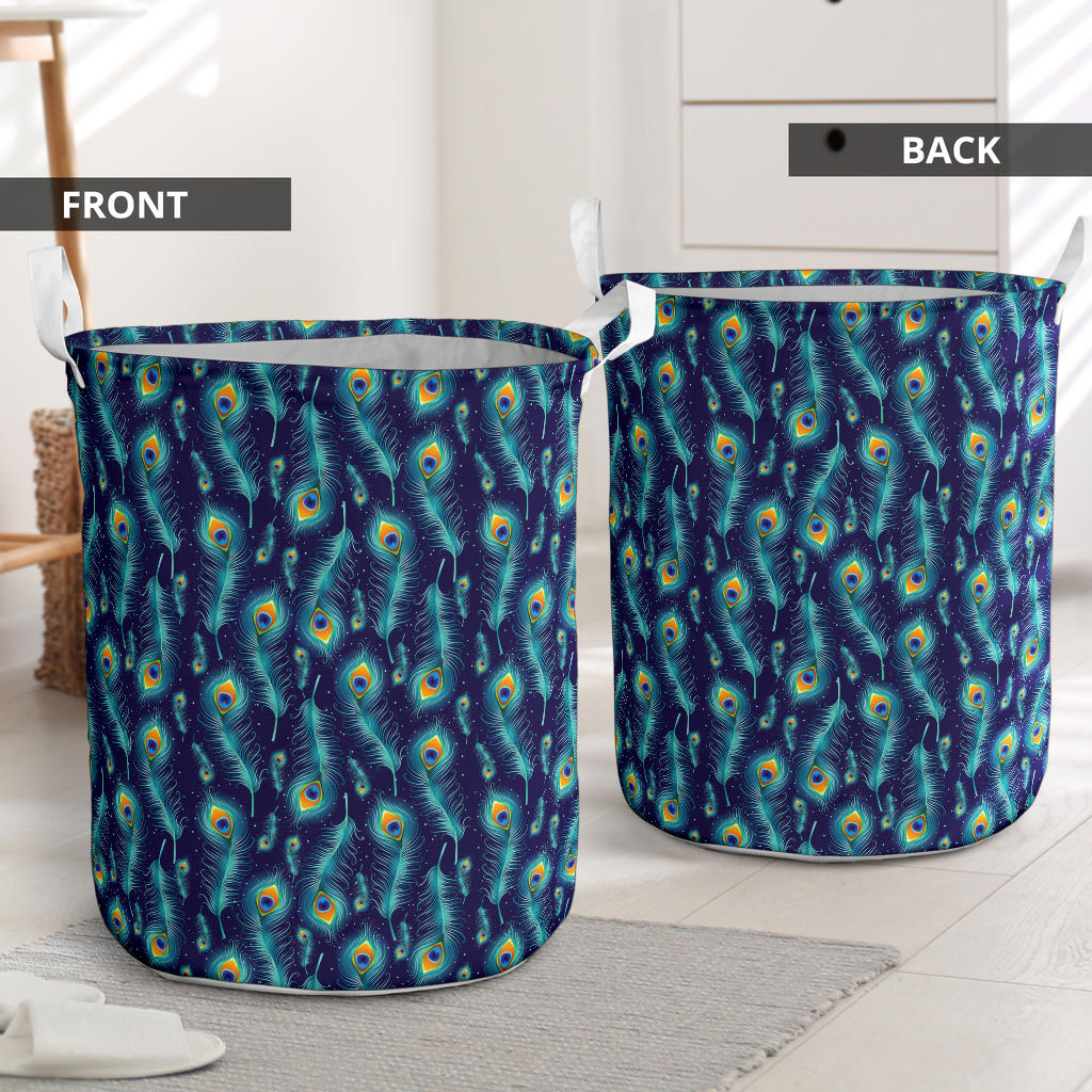 Peacock Feather Blue Design Print Laundry Basket