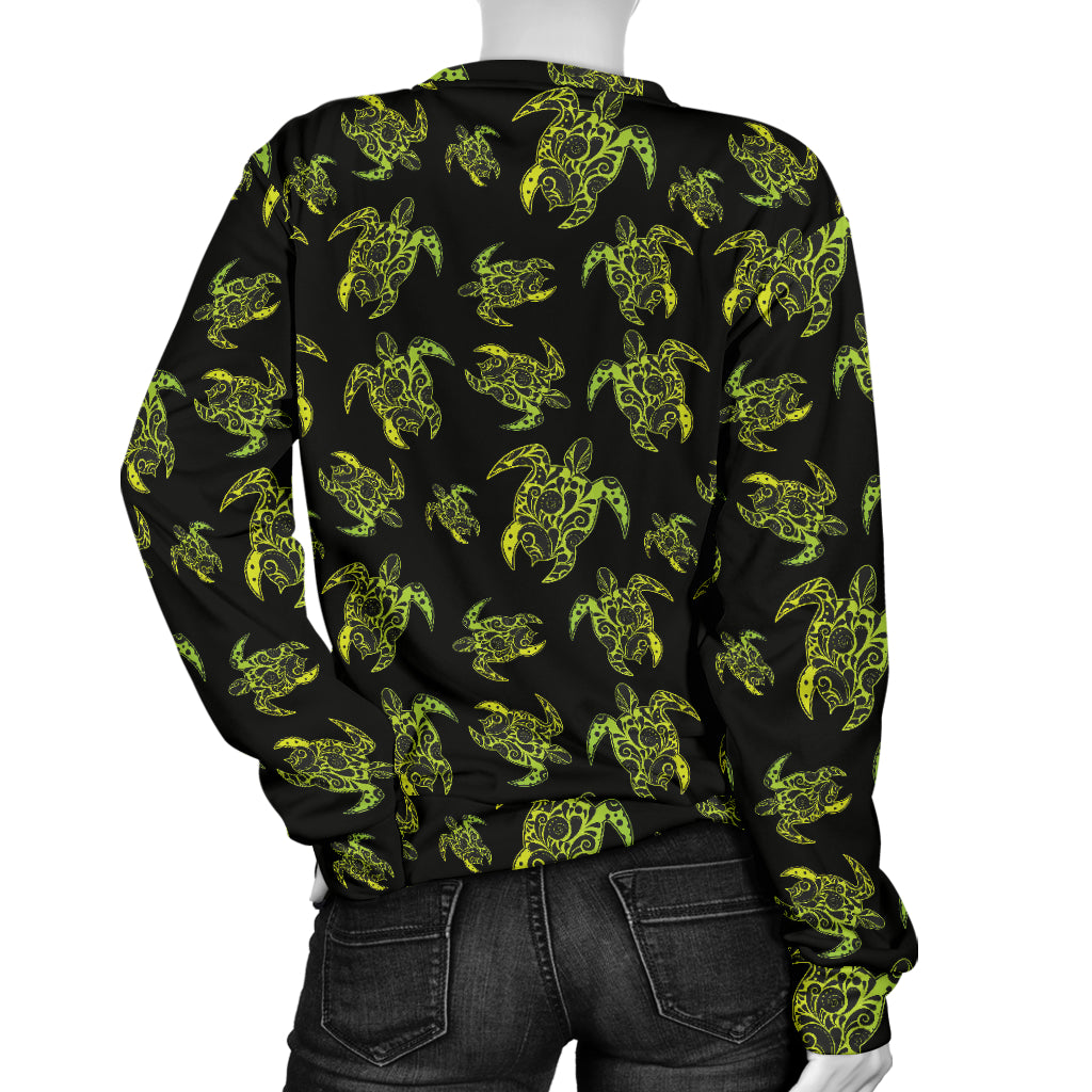 Green Tribal Turtle Polynesian Themed Women Long Sleeve Sweatshirt