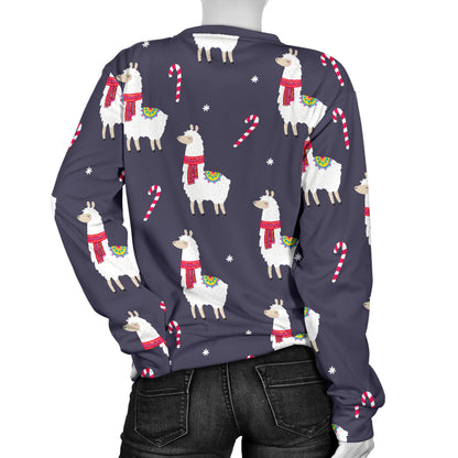 Llama with Candy Cane Themed Print Women Long Sleeve Sweatshirt