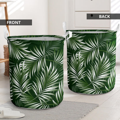 White Green Tropical Palm Leaves Laundry Basket