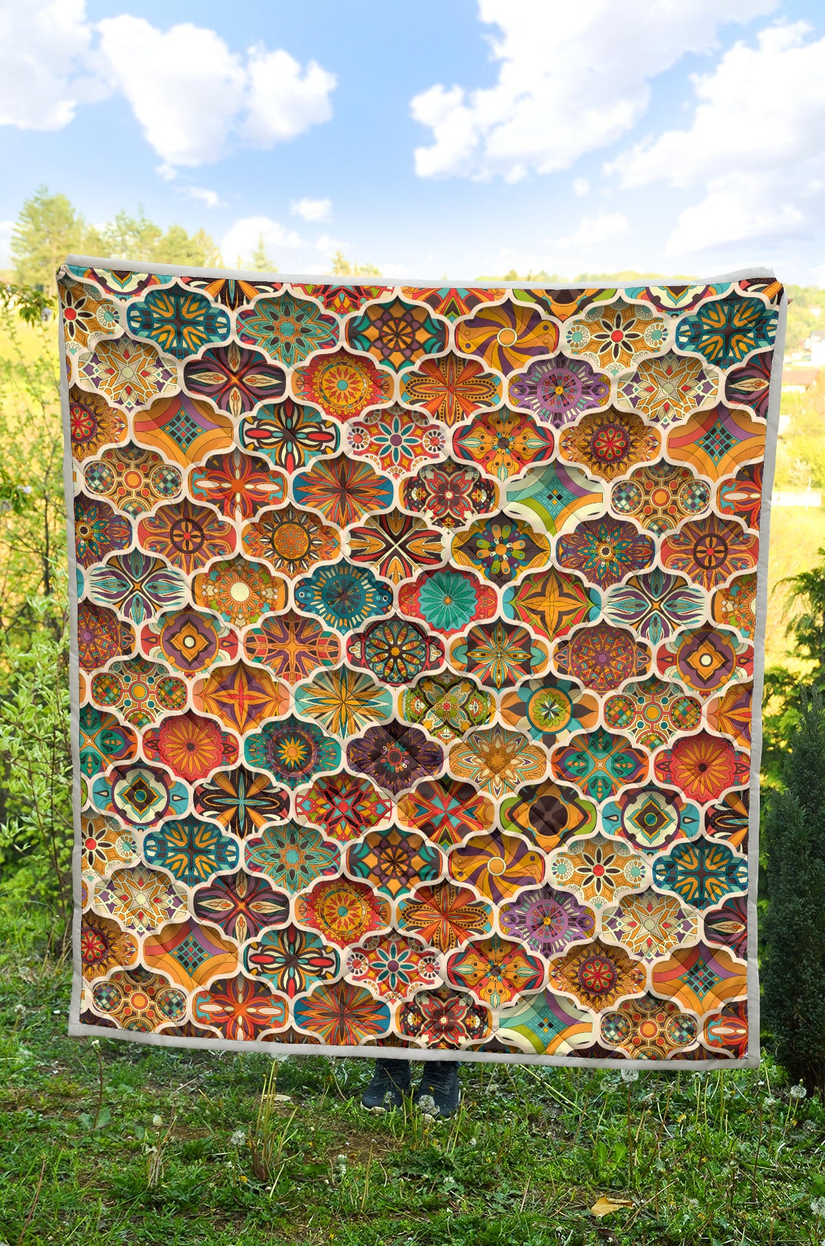 Mandala Mosaic Themed Design Print Quilt Bedspread