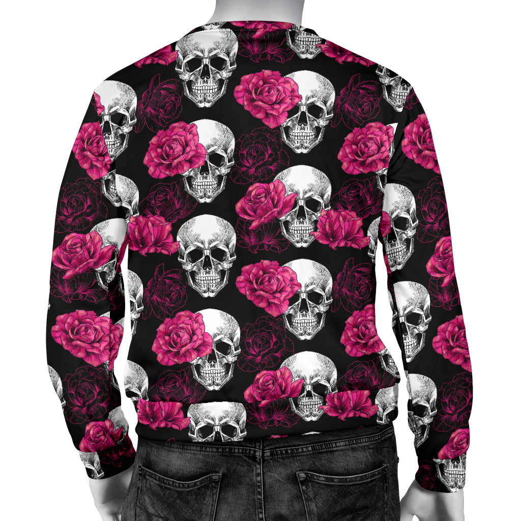 Pink Rose Skull Themed Print Men Long Sleeve Sweatshirt