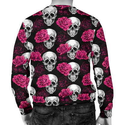 Pink Rose Skull Themed Print Men Long Sleeve Sweatshirt