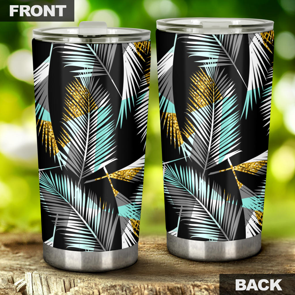 Gold Glitter Cyan Tropical Palm Leaves Tumbler