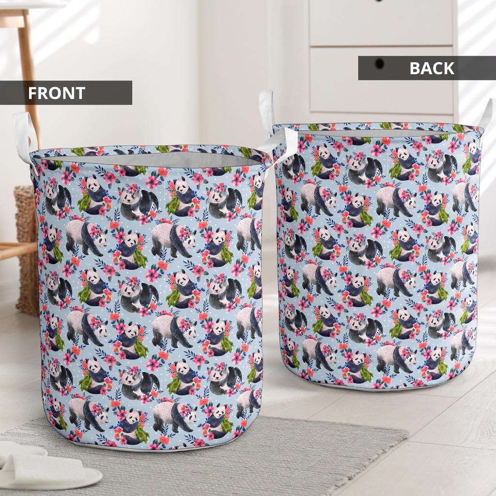 Panda Bear Flower Design Themed Print Laundry Basket