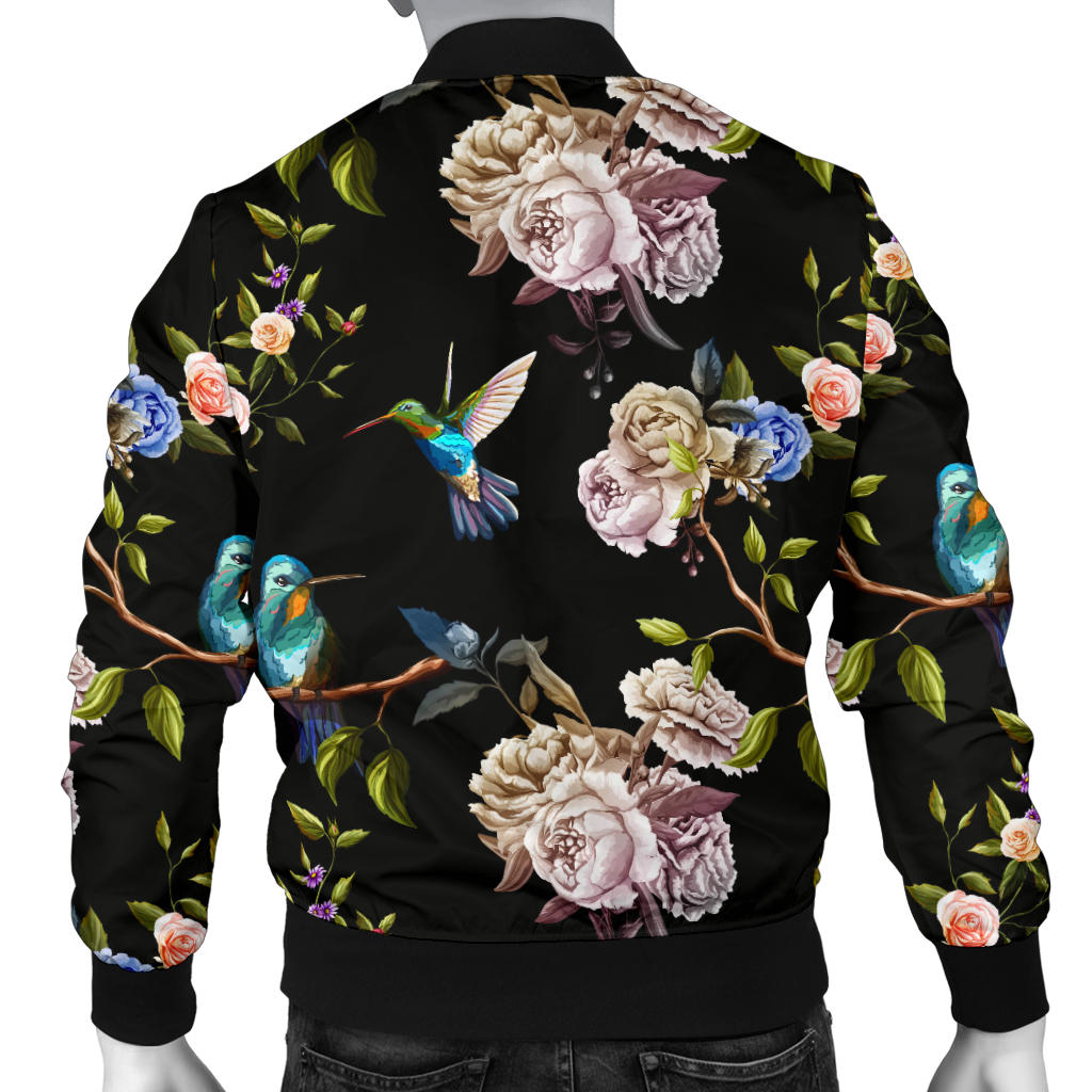 Hummingbird Flower Themed Print Men Bomber Jacket