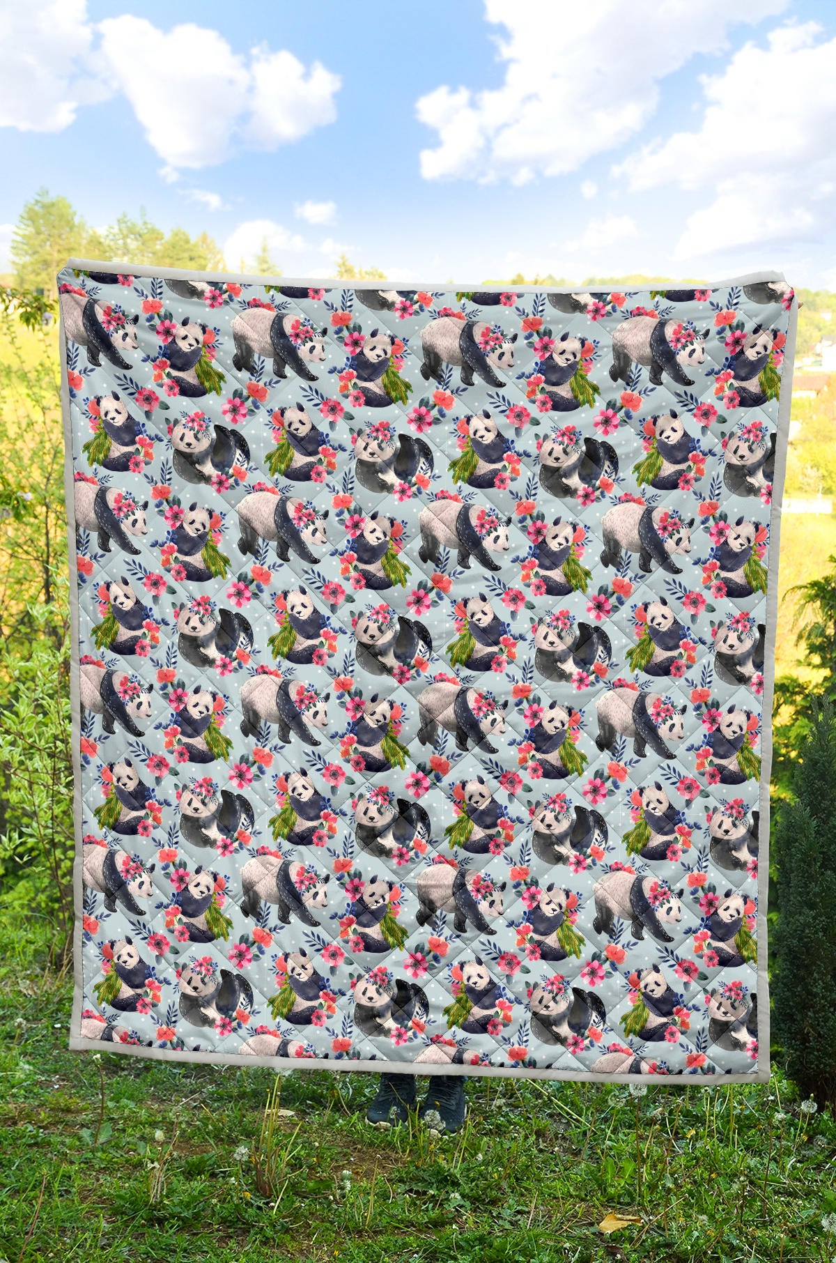 Panda Bear Flower Design Themed Print Quilt Bedspread