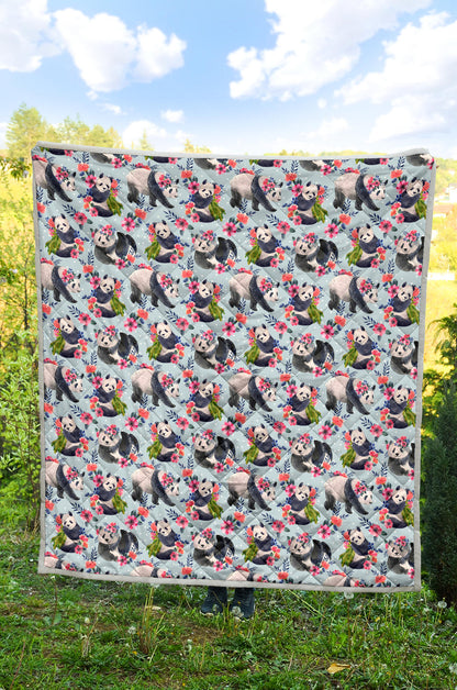 Panda Bear Flower Design Themed Print Quilt Bedspread
