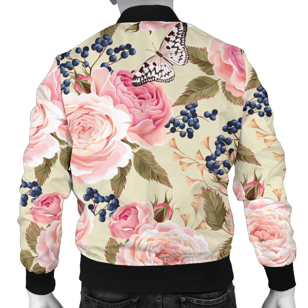 Floral Pink Butterfly Print Men Bomber Jacket