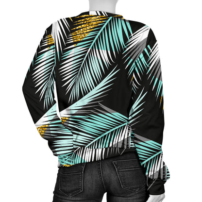 Gold Glitter Cyan Tropical Palm Leaves Women Long Sleeve Sweatshirt