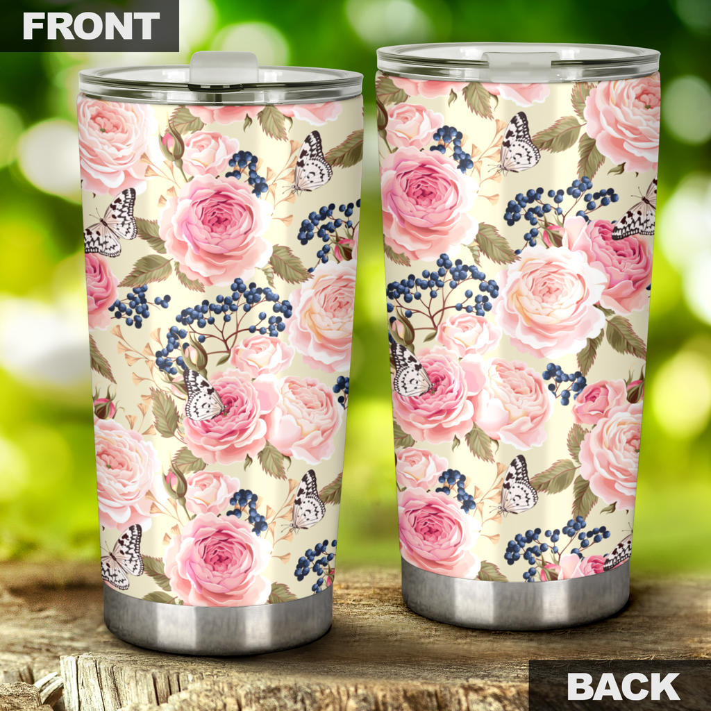 Floral Pink Butterfly Print Tumbler