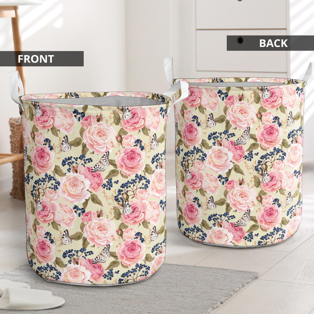 Floral Pink Butterfly Print Laundry Basket