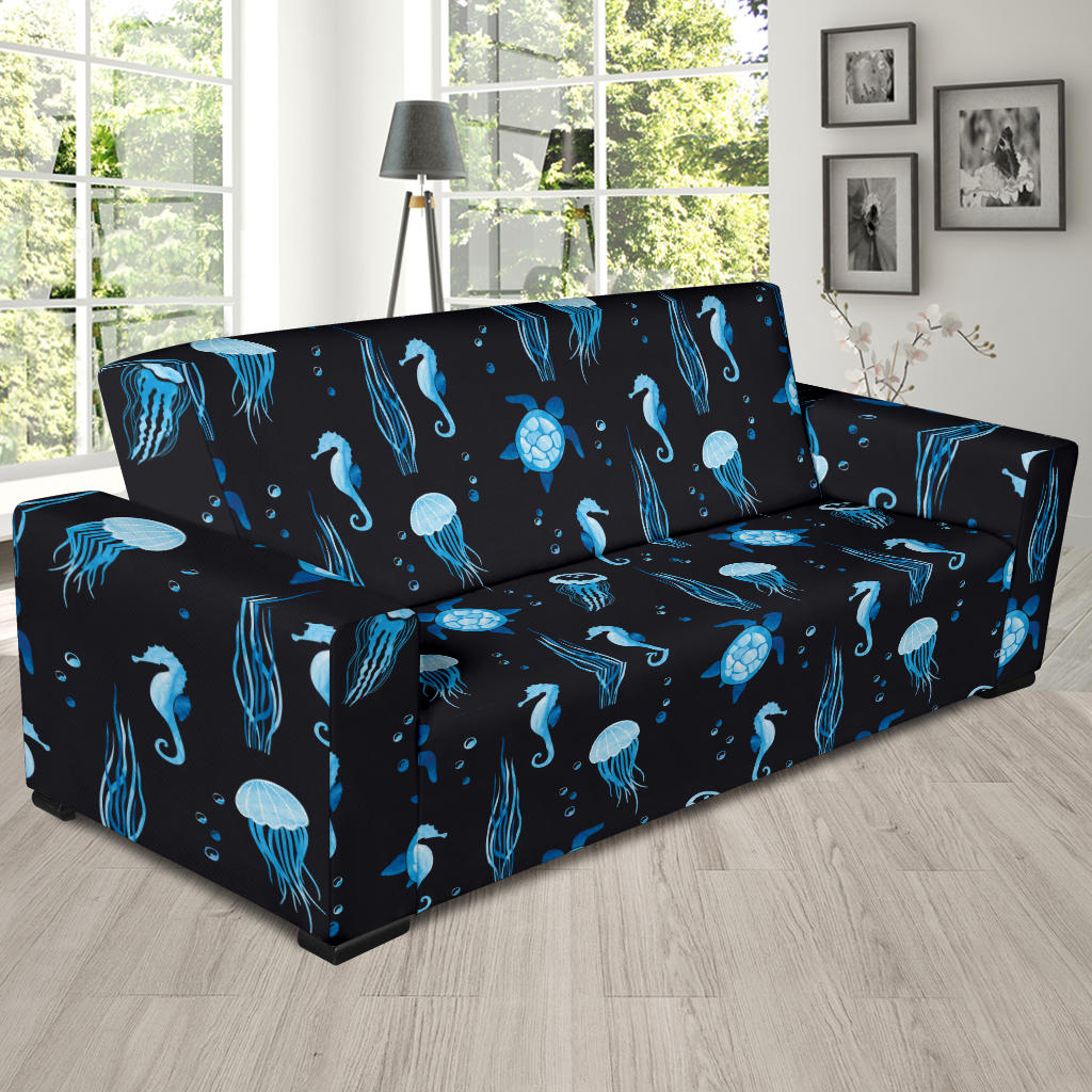Sea Turtle Jelly Fish Sea Horse Print Design LKS3014 Sofa Slipcover