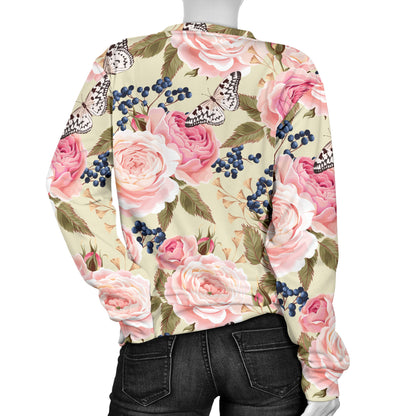 Floral Pink Butterfly Print Women Long Sleeve Sweatshirt