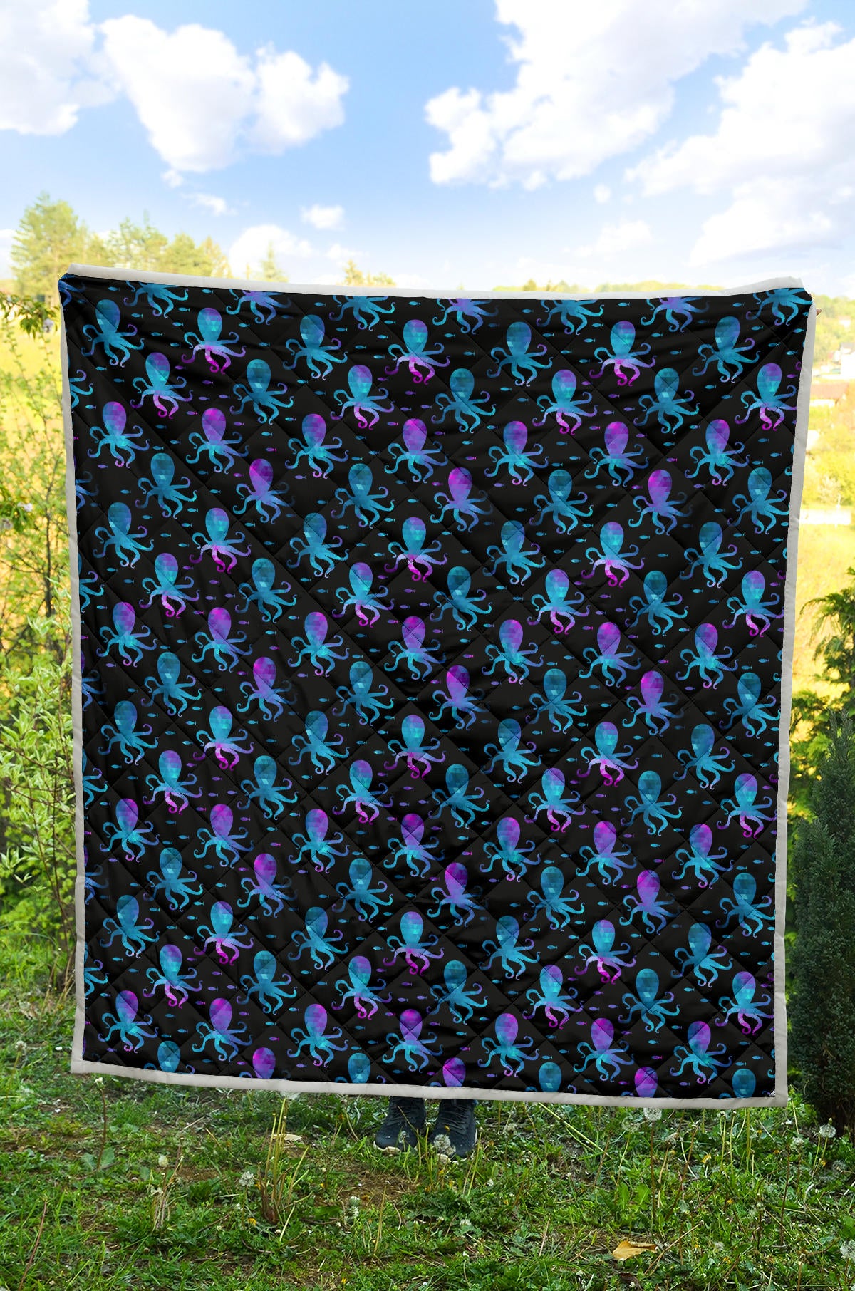 Octopus Blue Design Print Themed Quilt Bedspread