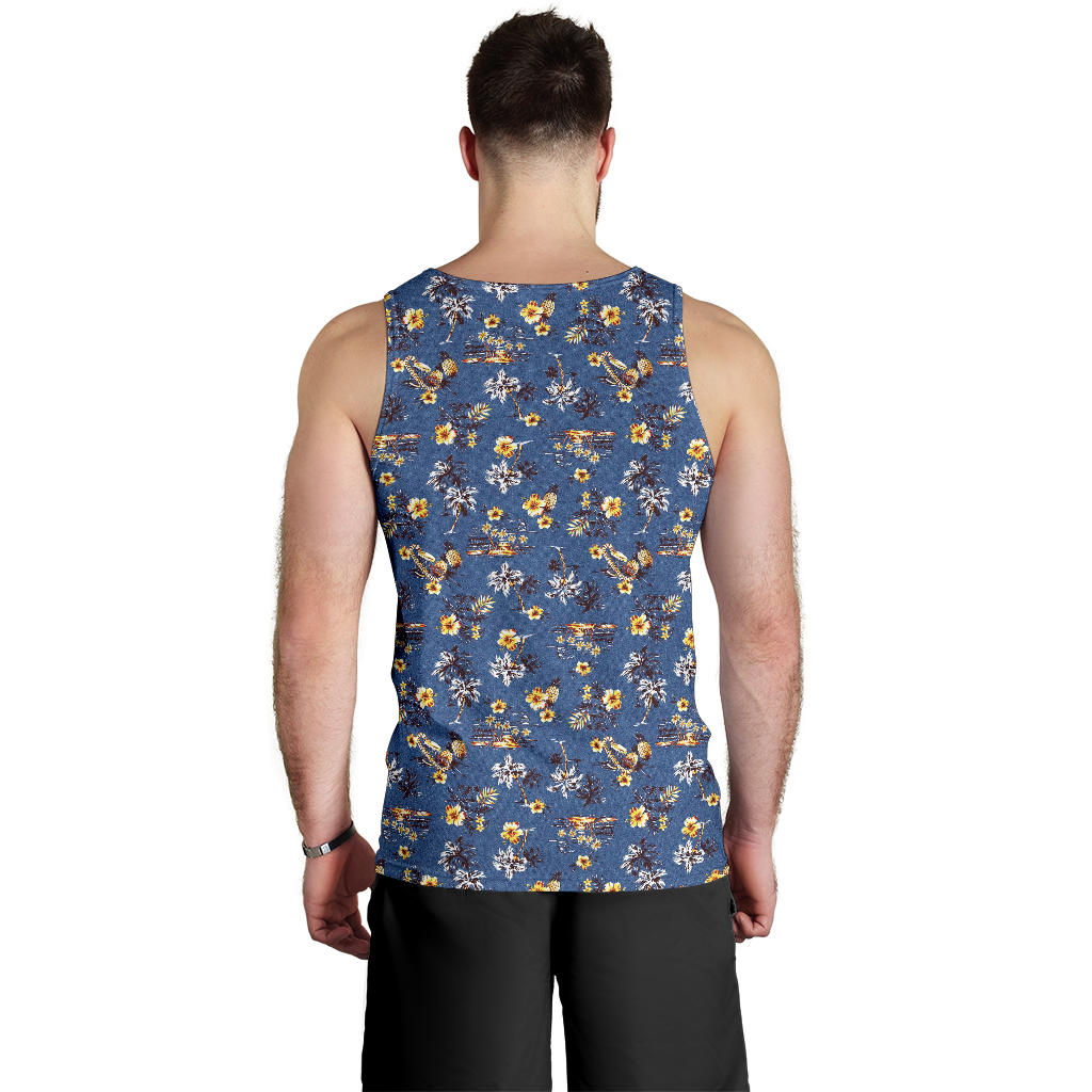 Hawaiian Flower Blue Print Men Tank Top