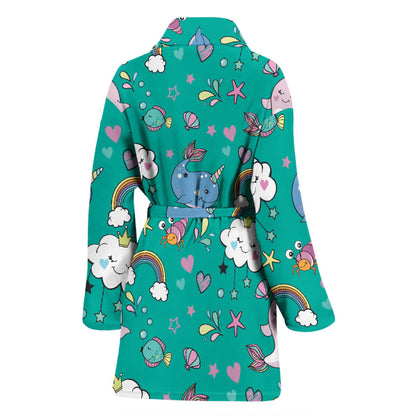 Narwhal Pattern Print Design 04 Women Bathrobe