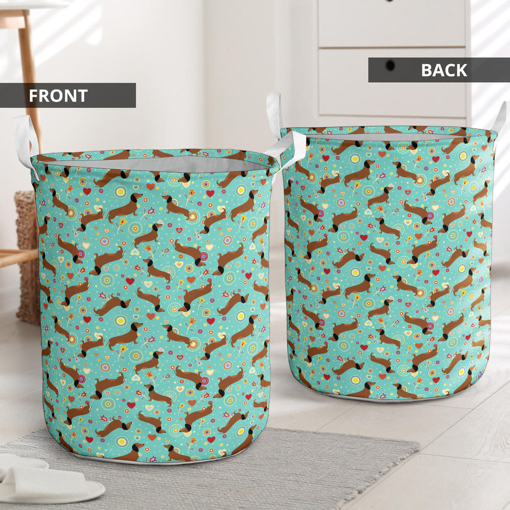 Dachshund with Floral Print Pattern Laundry Basket