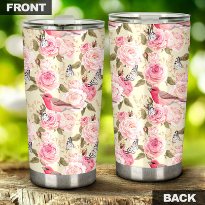 Bird Butterfly Pink Flower Print Pattern Tumbler