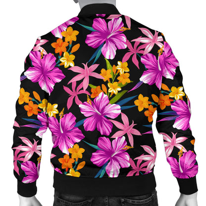 Tropical Folower Pink Hibiscus Print Men Bomber Jacket
