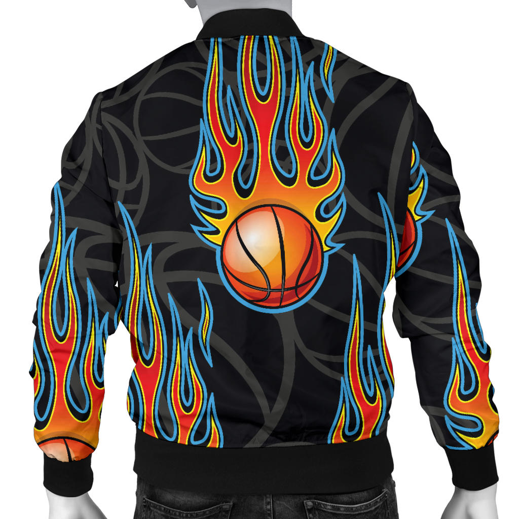 Basketball Fire Print Pattern Men Bomber Jacket