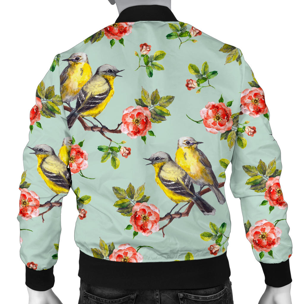 Bird with Red Flower Print Pattern Men Bomber Jacket