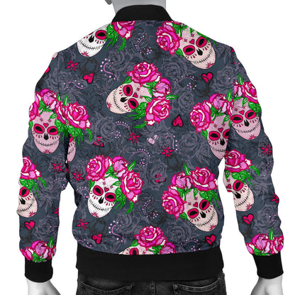 Sugar Skull Pink Rose Themed Print Men Bomber Jacket