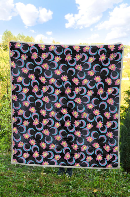 Lotus with Moon Pink Print Themed Quilt Bedspread