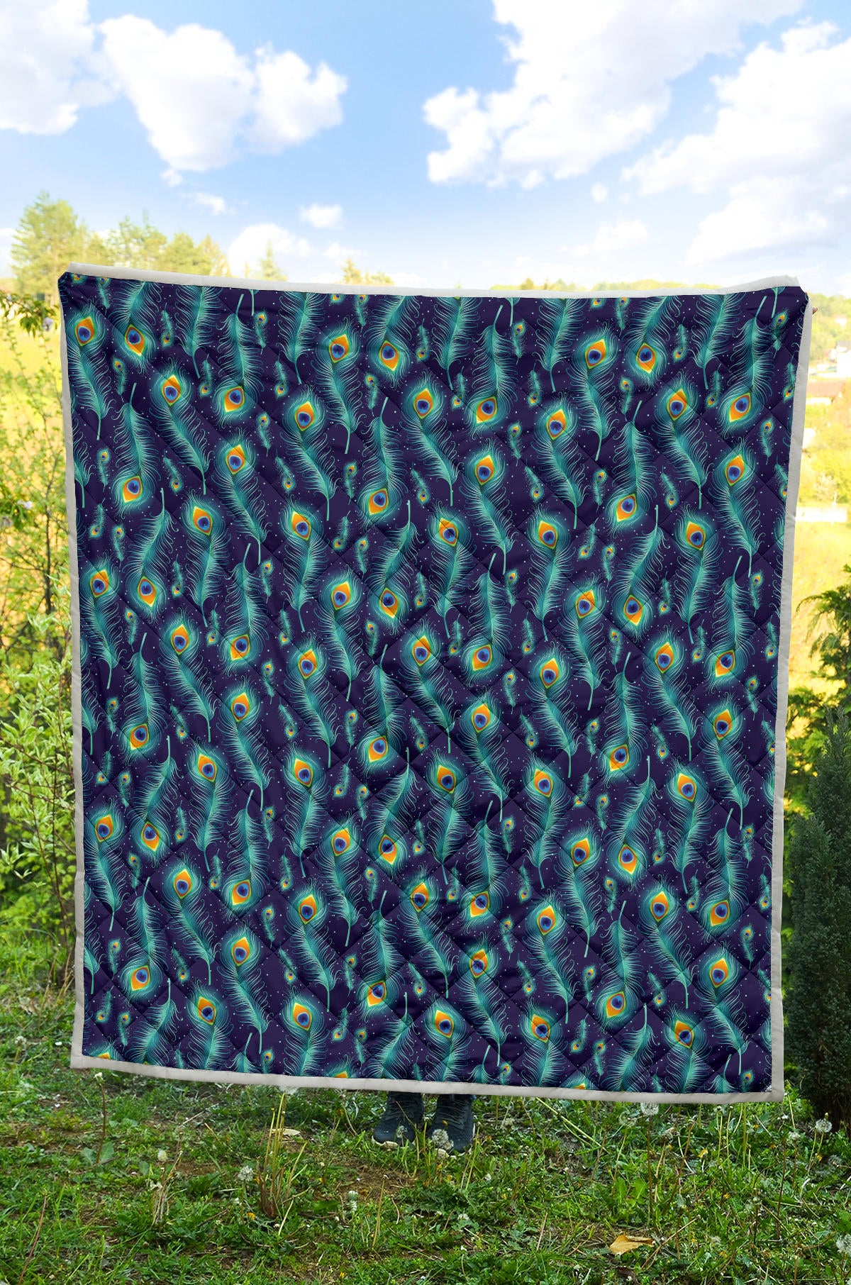 Peacock Feather Blue Design Print Quilt Bedspread