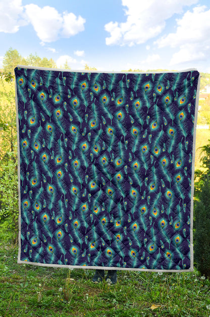 Peacock Feather Blue Design Print Quilt Bedspread