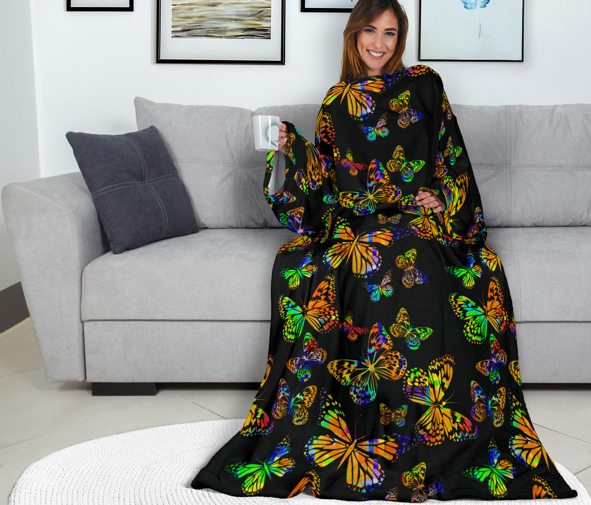 Butterfly Neon Color Print Pattern Adult Sleeve Blanket