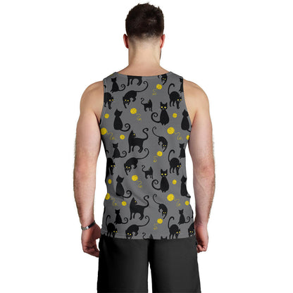 Black Cat Yellow Yarn Print Pattern Men Tank Top