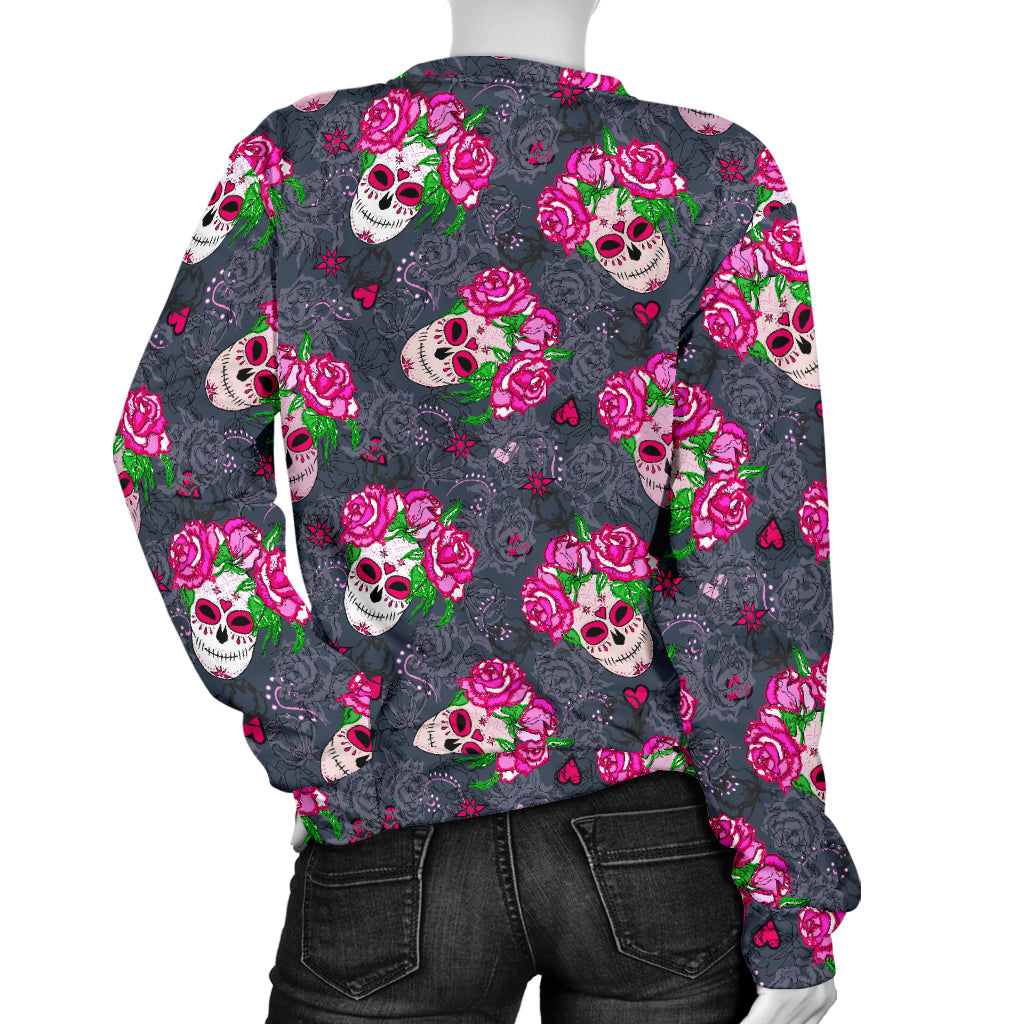 Sugar Skull Pink Rose Themed Print Women Long Sleeve Sweatshirt