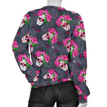 Sugar Skull Pink Rose Themed Print Women Long Sleeve Sweatshirt