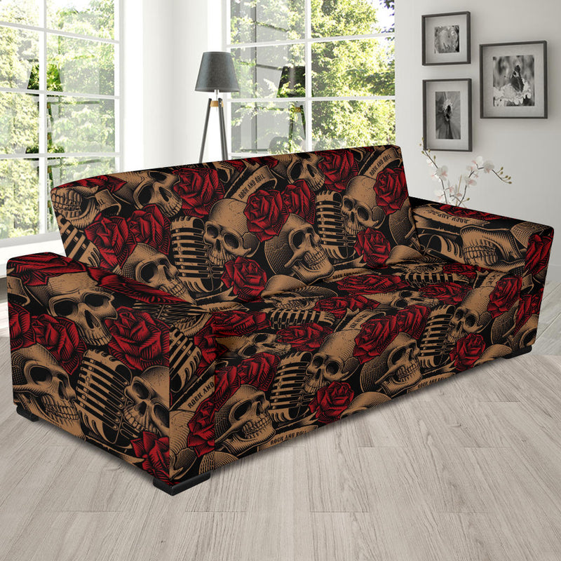 Microphone Skull Rose Pattern Print Design 02 Sofa Slipcover