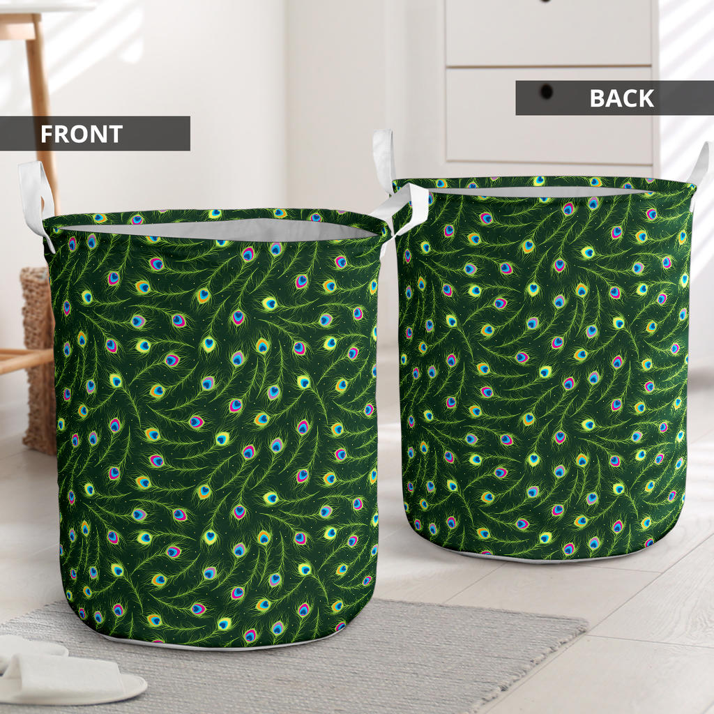 Peacock Feather Green Design Print Laundry Basket