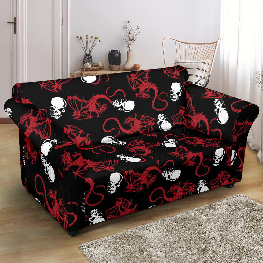 Skull With Red Dragon Print Design LKS304 Loveseat Couch Slipcover