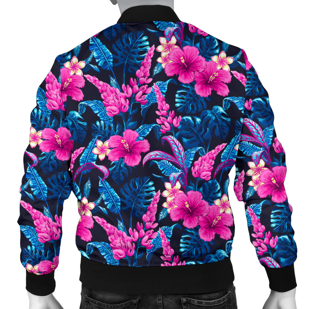 Tropical Folower Pink Themed Print Men Bomber Jacket