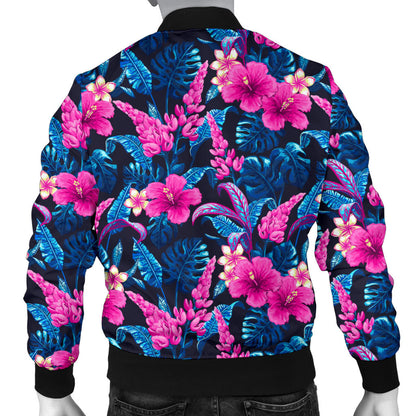 Tropical Folower Pink Themed Print Men Bomber Jacket