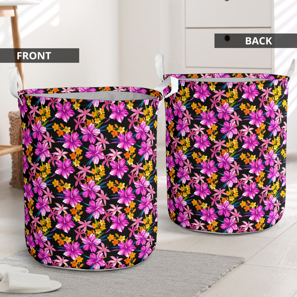 Tropical Folower Pink Hibiscus Print Laundry Basket
