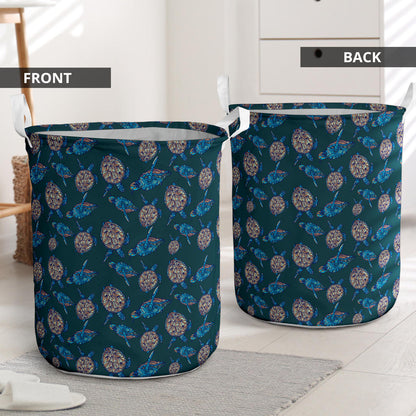 Sea Turtle Hand Drawn Blue Print Laundry Basket