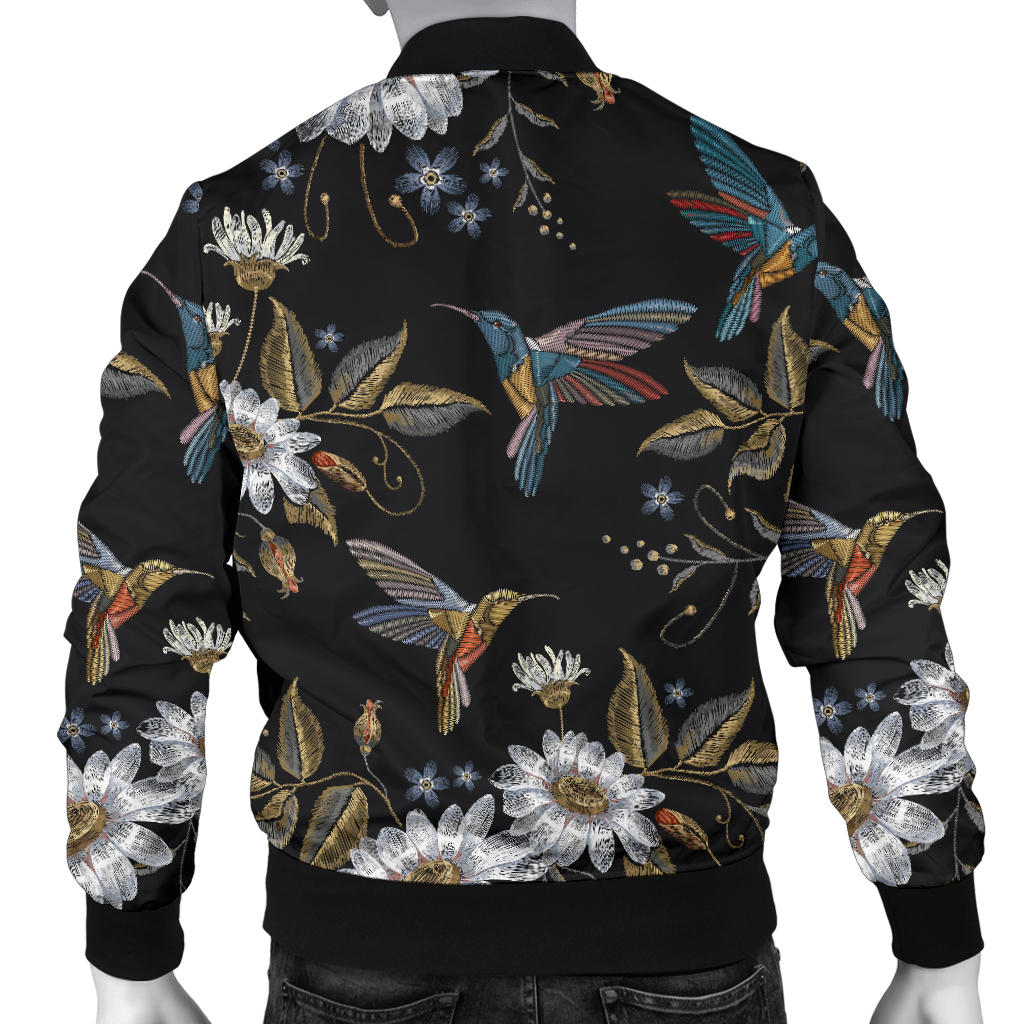 Hummingbird with Embroidery Themed Print Men Bomber Jacket