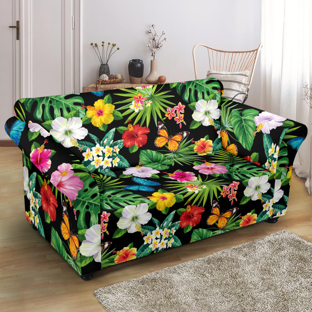 Hibiscus With Butterfly Print Design LKS305 Loveseat Couch Slipcover