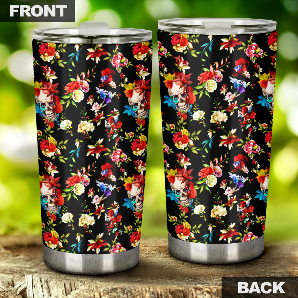 Skull Roses Flower Design Themed Print Tumbler